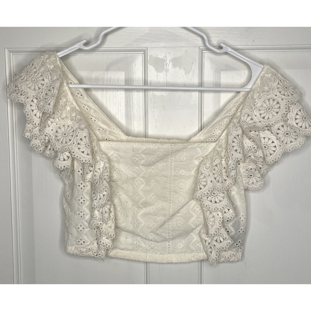 Altar'd State Women's Moselle Lace Eyelet Crop Top Sz S Ruffles Cottagecore Boho